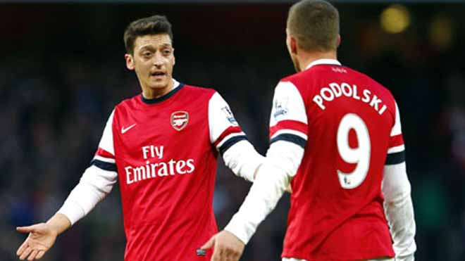 Mesut Oezil (trái) trong một phản ứng với tiền đạo đồng hương Lukas Podolski
