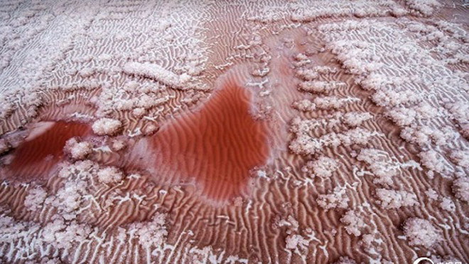 Hồ muối ở tỉnh Sơn Tây, Trung Quốc chuyển sang màu hồng. Ảnh: CCTV.