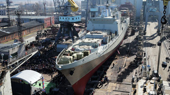 Một chiếc khinh hạm thuộc Dự án Đô đốc Grigorovich đang được hạ thủy. Ảnh: Sputnik.