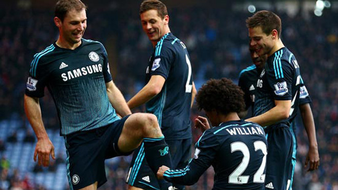 Willian “đánh giày” cho Branislav Ivanovic để mừng bàn thắng.