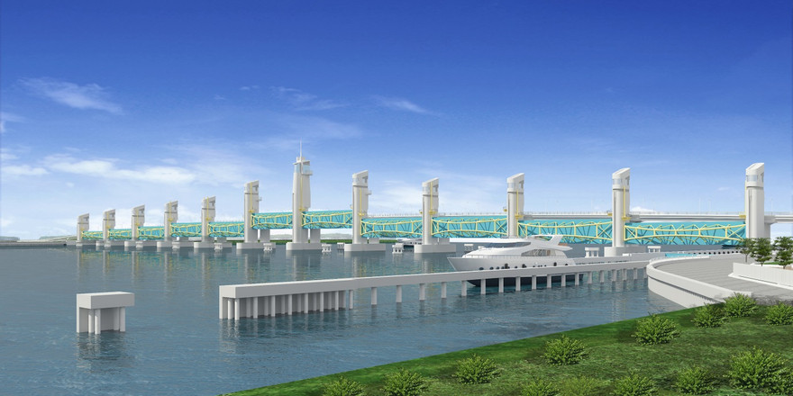 Phối cảnh cống ngăn mặn trên sông Cái Lớn.