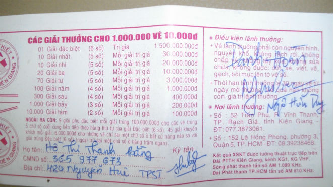 Mặt sau tờ vé số không trúng có chữ ký của hai bên 