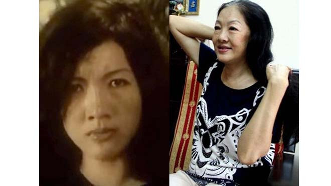 Diễn viên Hiệp Định khi đóng chị Sứ (trái) và hiện tại. 