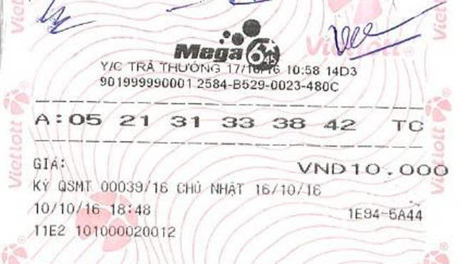 Một vé trúng thưởng giải Mega 6/45 của Vietlott.