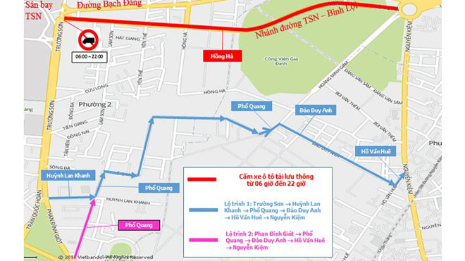 Tuyến đường cấm (màu đỏ) và lộ trình thay thế - Nguồn: Sở GTVT TPHCM