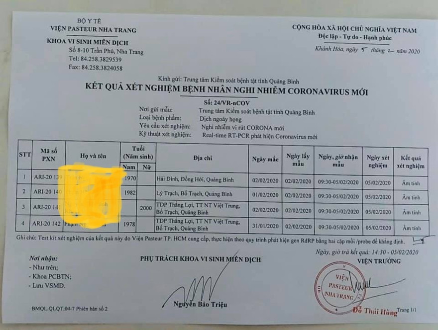 Đã có kết quả xét nghiệm corona 4 trường hợp cách ly tại Quảng Bình