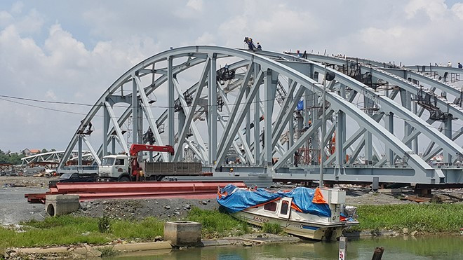 Khu vực lắp ráp nhịp cầu Ghềnh - nơi xảy ra tai nạn chết người. Ảnh: D.T.