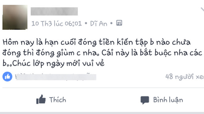Trang nhắn tin hối thúc thành viên trong lớp đóng tiền.