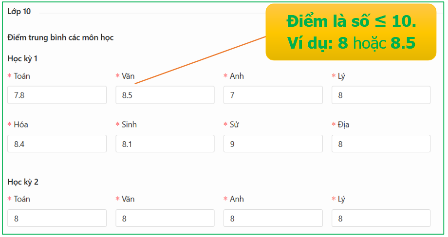 Khai báo kết quả học tập bậc THPT ở lớp 10, 11 và lớp 12 (nếu có; trường hợp chưa có điểm, thí sinh bổ sung khai báo sau khi có điểm).