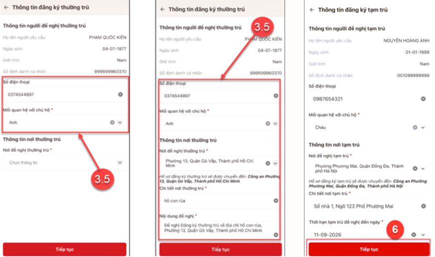 Màn hình nhập thông tin người đề nghị thường trú và thông tin nơi thường trú, tạm trú.