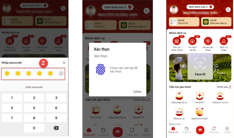 Màn hình nhập passcode; xác thực bằng vân tay, khuôn mặt.