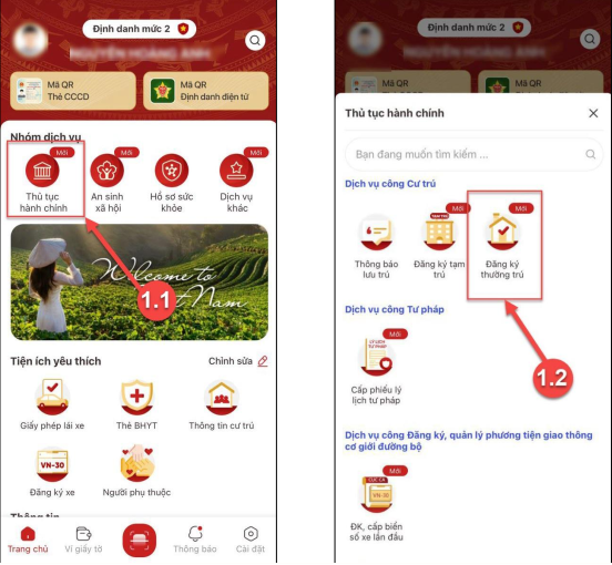 Màn hình chọn chức năng Thủ tục hành chính.