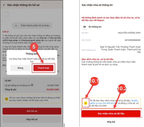 Màn hình xác nhận thanh toán phí hồ sơ; xác nhận chia sẻ thông tin.