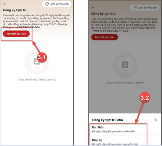 Màn hình nhấn Tạo mới yêu cầu, chọn đối tượng đăng ký cư trú