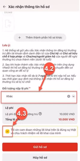 Màn hình chọn đối tượng nộp lệ phí và cam kết lời khai.