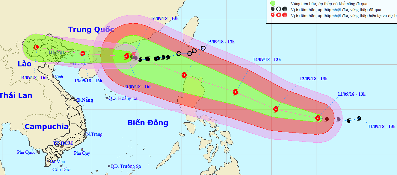 Trong đêm nay và ngày mai, bão di chuyển chủ yếu theo hướng tây hơi chếch bắc, với vận tốc 15-20 km/h và suy yếu dần thành áp thấp nhiệt đới. Ảnh: NCHMF.