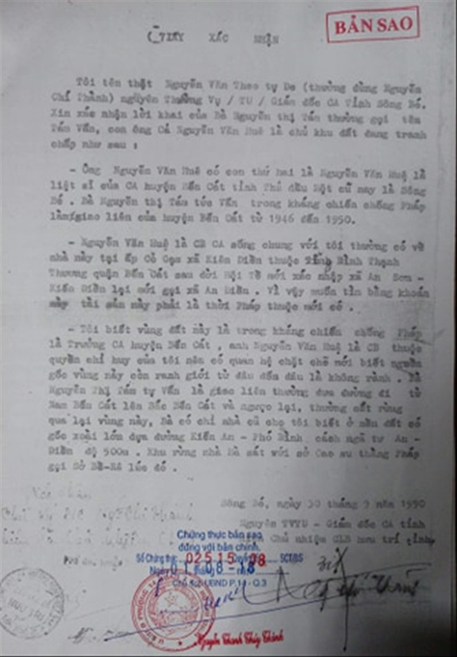 Giấy xác nhận liệt sĩ của ông Huệ 