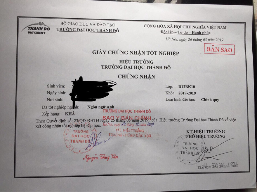 Giấy chứng nhận tốt nghiệp của sinh viên ngành Ngôn ngữ Anh ĐH chính quy, trường ĐH Thành Đô trúng tuyển năm 2017, tốt nghiệp năm 2019