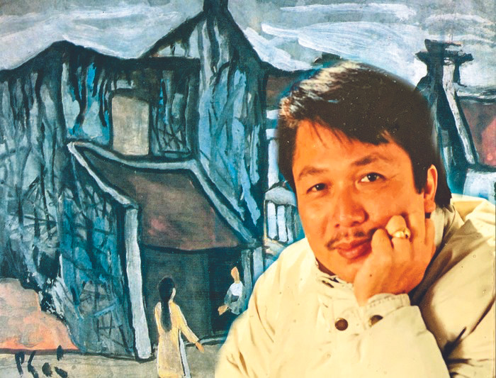 Chân dung Phú Quang chụp năm 1994 trên nền tranh Phái - trong BST Trần Hậu Tuấn