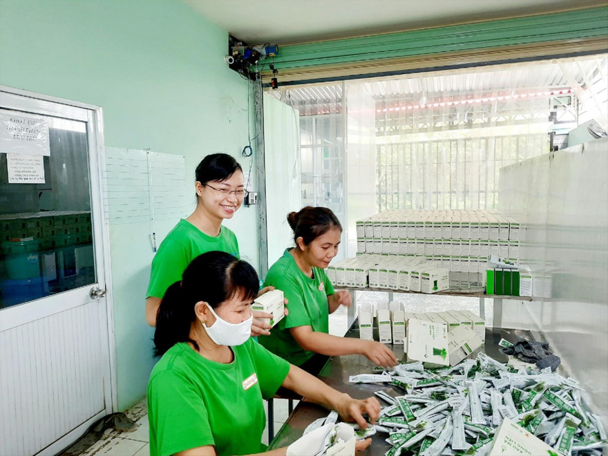 CEO Nguyễn Ngọc Hương (đứng) bên các sản phẩm bột rau xuất khẩu của mình Ảnh: U.P 