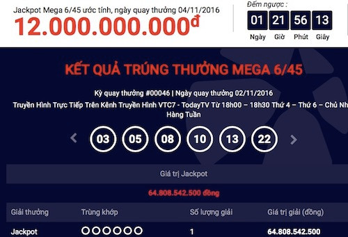 Dãy số trúng giải đặc biệt hơn 64,8 tỉ đồng (Ảnh chụp màn hình)