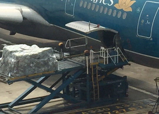Dỡ hàng từ hầm máy bay. Ảnh: Người lao động