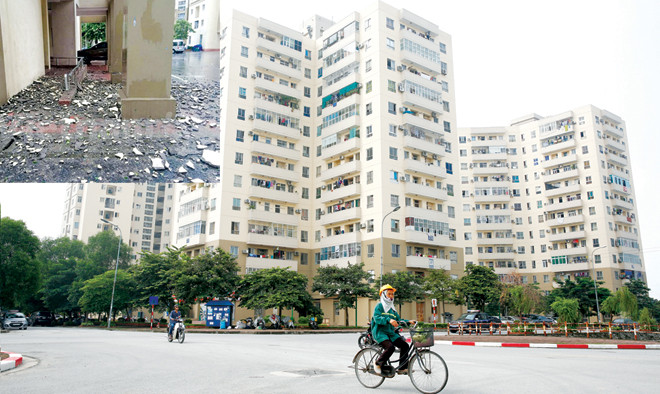 Khu đô thị Nam Trung Yên (ảnh lớn); Từng mảng vữa tường lớn của tòa nhà B11C khu đô thị Nam Trung Yên rơi sập xuống đất trong cơn mưa ngày 28/7 (ảnh nhỏ). Ảnh: Hồng Vĩnh - VNN.