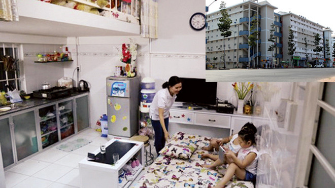 Người dân sống trong căn hộ giá 100 triệu đồng (ảnh lớn). Khu nhà an sinh Bình Dương (ảnh nhỏ). Ảnh: T.L.