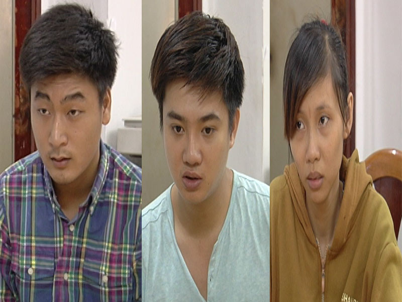 Đỗ Tuấn Nhật, Nguyễn Huy Hoàng và Hà Thị Bích Thủy (từ phải sang) tại cơ quan điều tra. Ảnh CA cung cấp. 