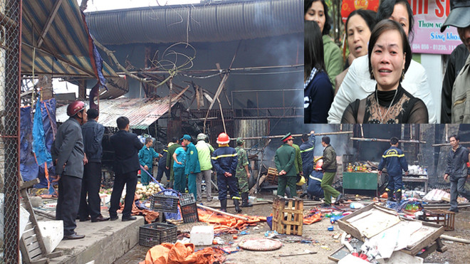 Lực lượng chức năng tích cực chữa cháy (ảnh to). Tiểu thương Hạnh khóc nức nở vì toàn bộ hàng Tết gần 1 tỷ đồng cháy rụi (ảnh nhỏ). Ảnh: Tuấn Nguyễn