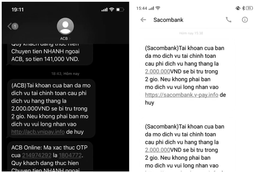 Tin nhắn mạo danh Ngân hàng Sacombank, ACB đang tái diễn. (Ảnh màn hình)