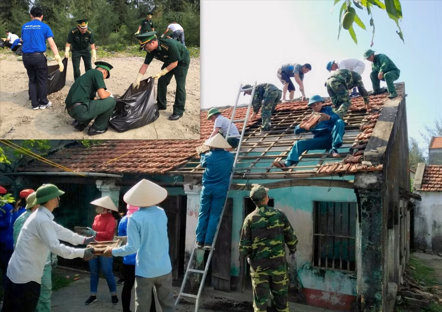 Cán bộ, chiến sĩ Đồn Biên phòng Trà Cổ tham gia chiến dịch “Hãy làm sạch biển” (ảnh nhỏ) và dỡ bỏ căn nhà cũ của ông Nguyễn Văn Dàu để xây dựng nhà mới Ảnh: CTV