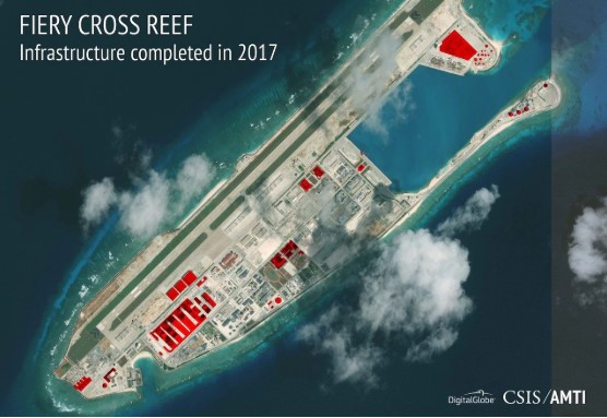 Những công trình Trung Quốc xây dựng trên đá Chữ Thập thời điểm 2017. Ảnh: Telegraph/CSIS/AMTI