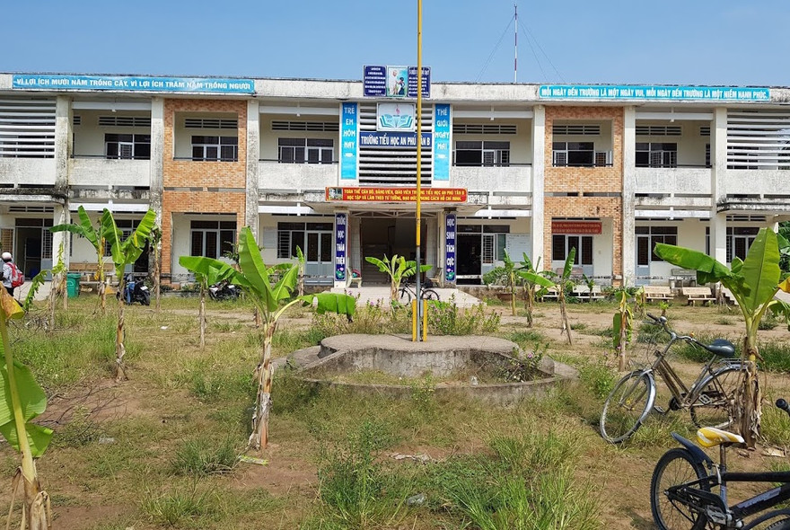 Sân của Trường Tiểu học An Phú Tân B được trồng đầy chuối khiến học sinh không có nơi vui chơi