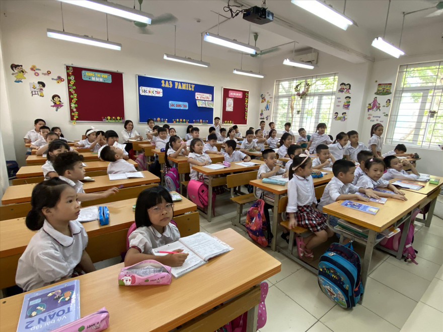 Học sinh lớp 2A3, Trường tiểu học Vĩnh Tuy, quận Hai Bà Trưng (Hà Nội). Ảnh: Hà Minh