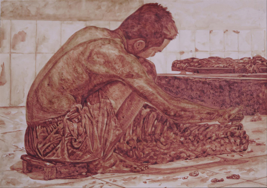 Những bức tranh trong dự án Lò mổ được vẽ bằng sơn dầu và bằng máu bò Ảnh: NVCC