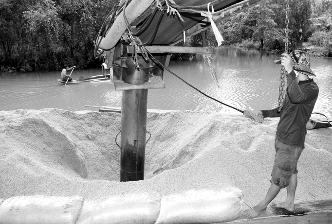 Một cơ sở sấy lúa khu vực Đồng Tháp Mười sử dụng điện trong các công đoạn hút lúa tươi từ ghe vào lò sấy và bơm lúa khô theo chiều ngược lại.