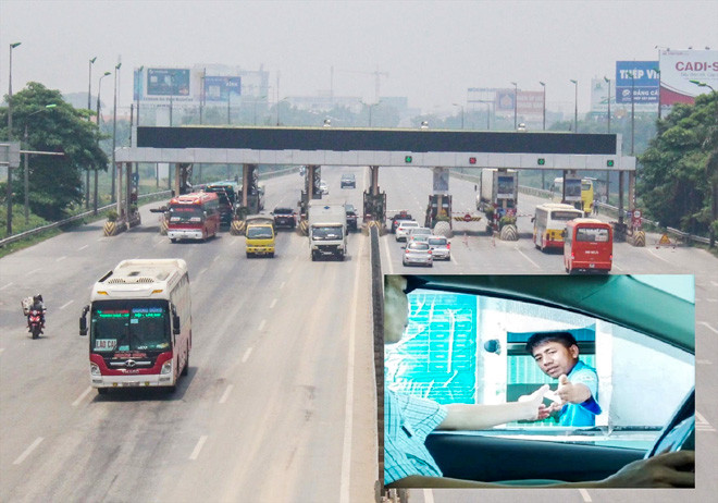 Từ việc phải trả phí BOT 8 năm qua (ảnh nhỏ), gần 10 ngày nay ô tô đi qua trạm Bắc Thăng Long không bị chặn lại trả tiền Ảnh: T.Đảng