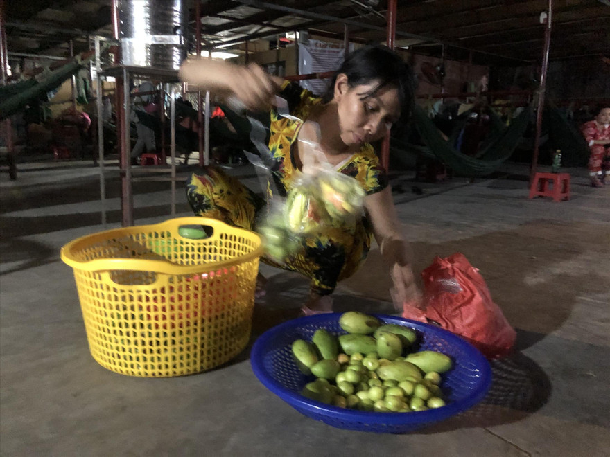 Chị Loan soạn lại mớ trái cây, chuẩn bị cho buổi đi bán dạo