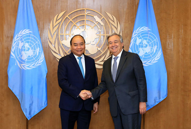 ​Thủ tướng Nguyễn Xuân Phúc và Tổng Thư ký LHQ Antonio Guterres ở New York. Ảnh: VGP