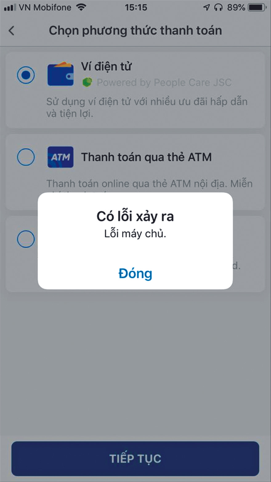 Thông báo lỗi từ app VinID dù người mua đã đi đến bước thanh toán cuối cùng 