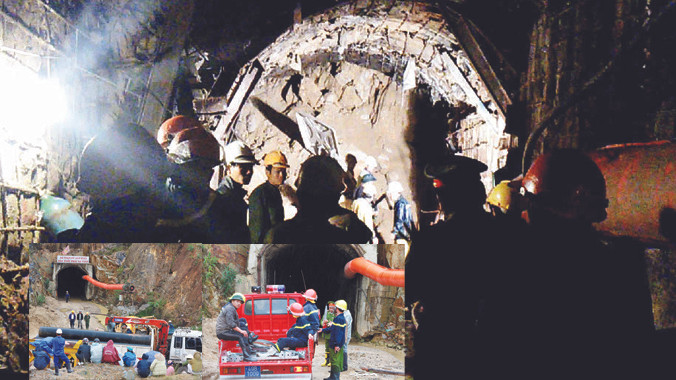 Đoạn hầm bị sập (ảnh lớn); Chở ống thoát hiểm đến hiện trường và xe cứu hộ chờ trước cửa hầm (ảnh nhỏ). Ảnh: K.A.