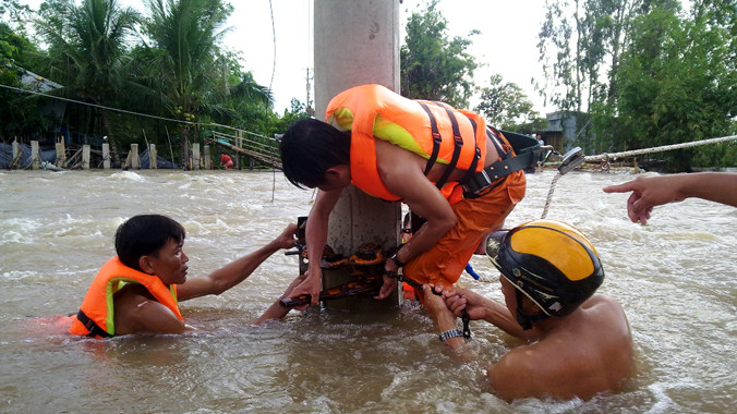 Công nhân Công ty Điện lực Đồng Tháp gia cố, bảo vệ lưới điện và thiết bị điện trong lũ. Ảnh: ĐLĐT.