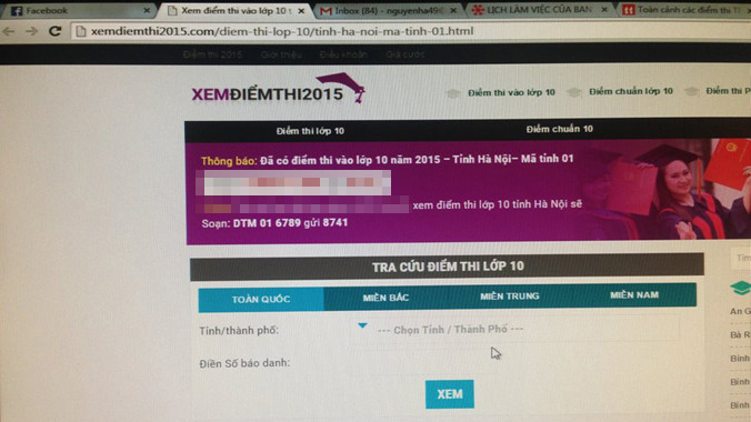 Một trong những trang website thông báo đã có điểm thi.