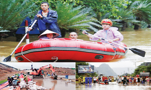 CSGT dùng thuyền phao đưa người dân qua vùng ngập nước (ảnh lớn). Bờ kè có nguy cơ mất an toàn do lũ cuốn (ảnh trái). Cẩm Phả ùn tắc giao thông vì đường bị ngập.