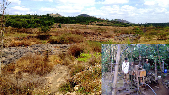 Suối Ea M’droh trơ đá (ảnh lớn); Người dân ồ ạt khoan giếng (ảnh nhỏ).