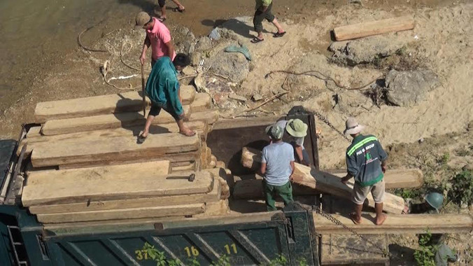 Cơ quan chức năng tiến hành thu giữ, kiểm tra số gỗ Pơ Mu.
