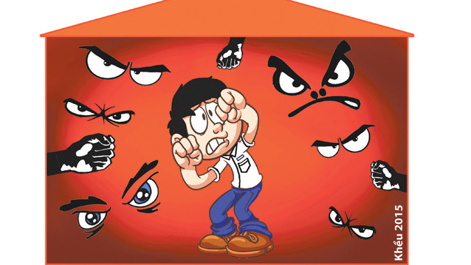 Bạo lực thể xác cũng như tinh thần bủa vây học sinh cả ngoài đời và trên mạng. Minh họa : Khều.