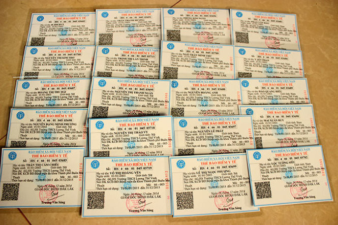 Thẻ BHYT năm 2015 của học sinh tiểu học, THCS ở TP Buôn Ma Thuột đều ghi sinh ngày 1-1. Ảnh: Tuổi trẻ 