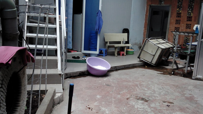 Bông gòn viên được “xử lý” trong thau phơi tại nhà giặt quần áo của Bệnh viện quận Bình Thạnh. Ảnh do bạn đọc cung cấp.